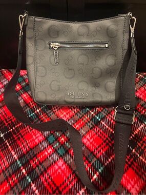 Guess Black Logo-Print Crossbody Bag with Silver Hardware